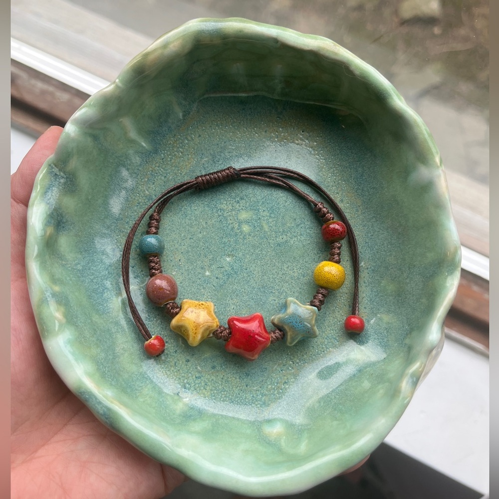 Handcrafted Ceramic Star Bead Bracelet Adjustable Anklet Artisan Jewelry Boho